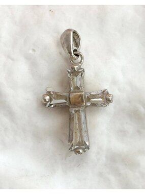 Cross Shaped Rhinestone Accented 925 Sterling Silver Vintage Pendant | Charm